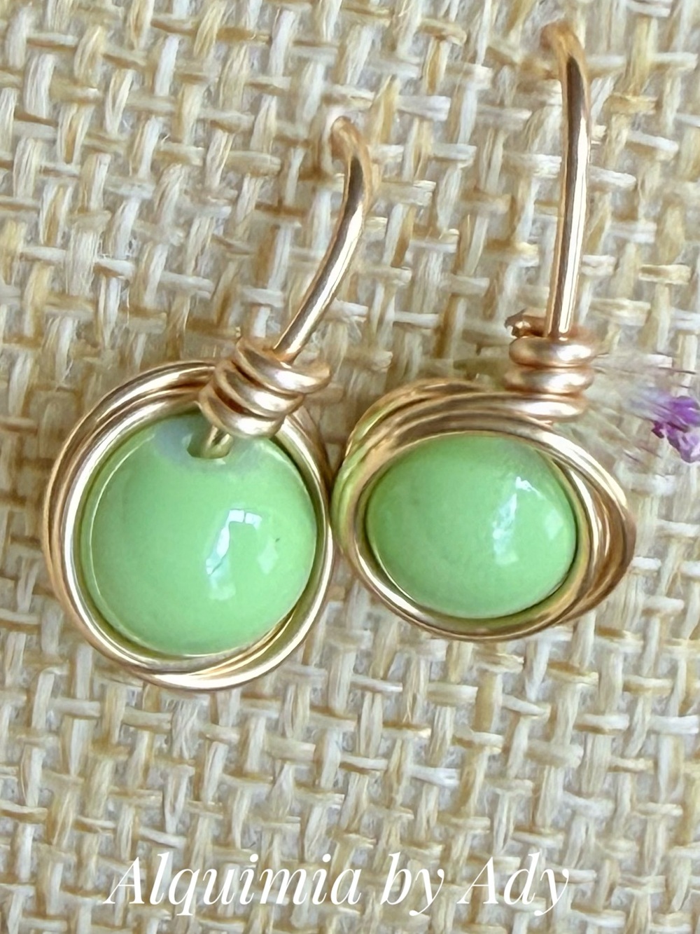 Lime-Green Cabochon Wire-Wrap Dangle Earrings